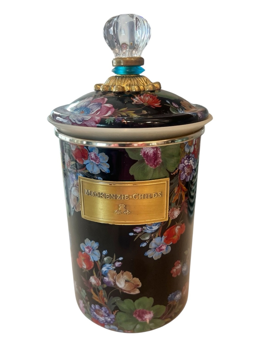 MacKenzie-Childs Black Flower Market Large Canister w/ Lid Blue Ring Glass Knob